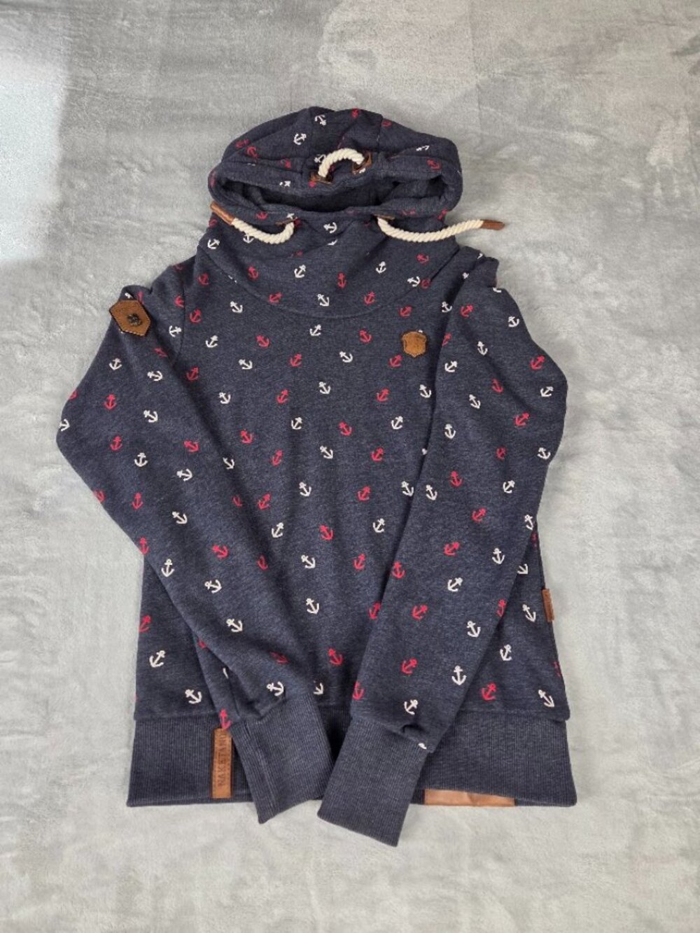 Naketano Hoodie Anchor Print Navy Blue Cowl Neck Chunky Rope Sweatshirt Women S